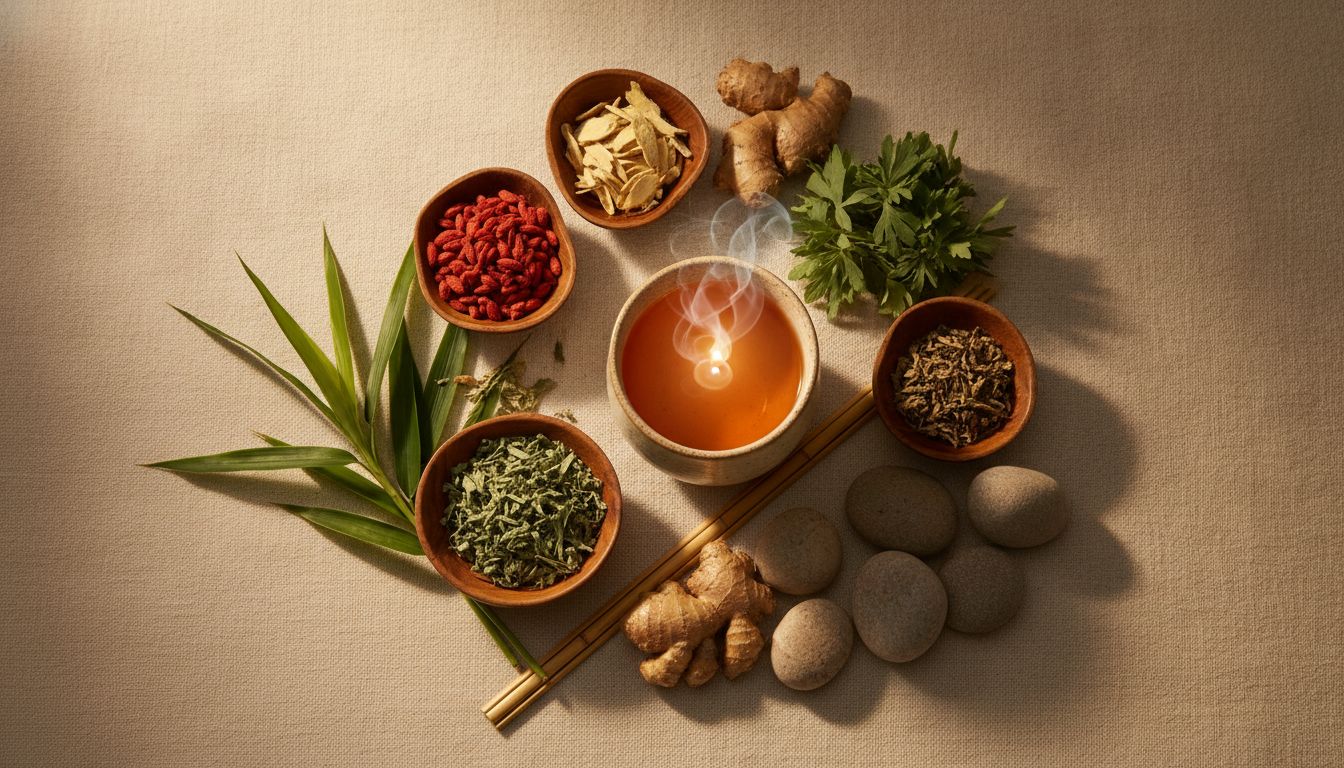 Warm organic arrangement of traditional Chinese medicine herbs and wellness elements
